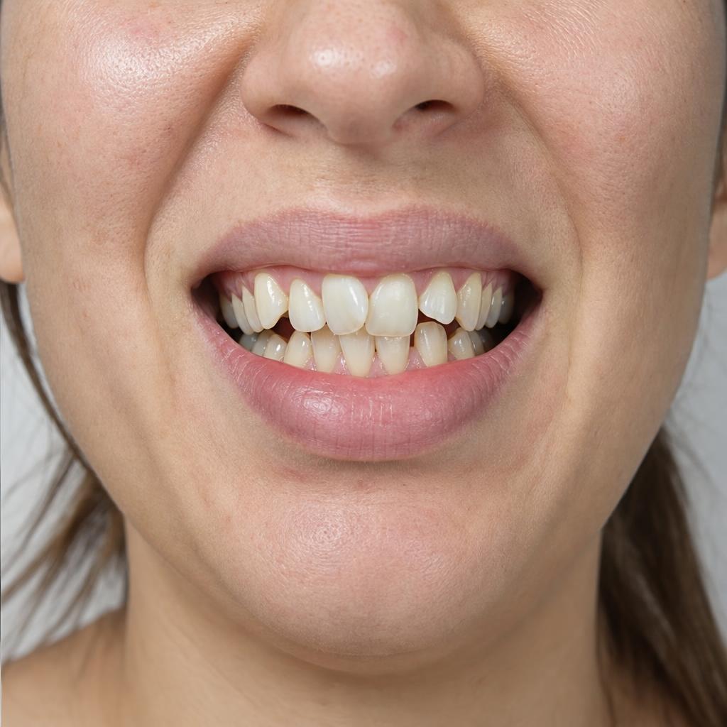 Same adult smile after treatment with evenly aligned front teeth